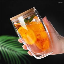 Wine Glasses Double Glass With Wooden Lid 250ml/350ml/450ml Juice Tea Beer Whiskey Drink Heat Resistant Espresso Cup Transparent Reusable