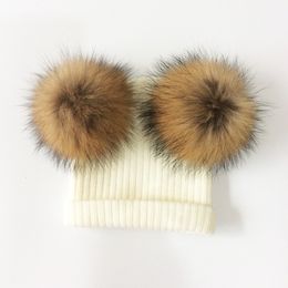 Caps Hats Baby Hat Natural Raccoon Fur Baby Cap Two Pompom Kids Caps Winter Children's Hats With Pompom 230311