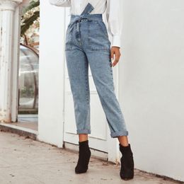 Women's Jeans Casual With Belt High Waist Ankle Length Pants 2023 Autumn Chic Ladies Blue Streetwear Bottoms Denim Trousers