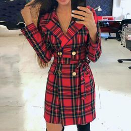 Casual Dresses Fashion Women Dress Shirt Long Sleeve Plaid Double Breasted Blazer Elegant Winter Female Lady Top