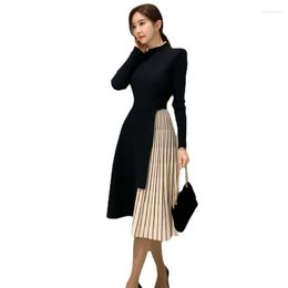 Casual Dresses 2023 Winter Elastic Knitted Women Colour Matching Lace-up Sweater Dress Fashion Slim Work Office Vestidos
