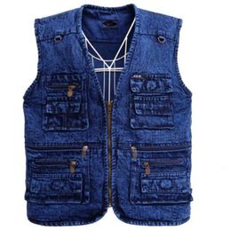 Men's Vests Vest Outerwear Denim Waistcoat Deep Blue Plus Size Sleeveless Jacket Multi-Pocket Cotton Spring Gilet Jackets