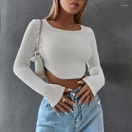 Women's T Shirts Womens Long Sleeve Square Neck Waffle Knitted Slim Crop Top Solid Color Asymmetrical Hem Short Pullover Sweater T-Shirts