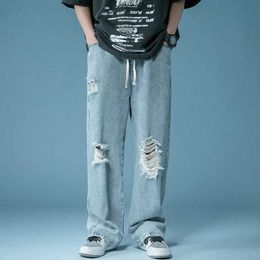 Men's Jeans Ripped Hole Jeans Men Oversized Denim Baggy Drawstring Teens Streetwear Allmatch Popular Boyfriend Straight Korean Trousers Z0301