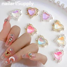 Nail Art Decorations 10Pcs 11.5x10mm Heart Shaped Designer Charms For Alloy Accessories Aurora Gems Jewellery Multi-Colors Rhinestone