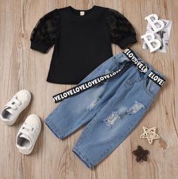 Kinder Mädchen Sommer Kleidung Set Baby Mesh Short Puff Ärmel Rippen Tops Jeanshose mit Gürtel Kinder Mode -Outfits