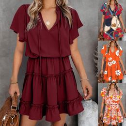 Party Dresses Women V-neck Floral Lace-up Print Sun Bouquet Waist Ruffled Women's Mini Short Dress Summer Style Casual Beach Vestido