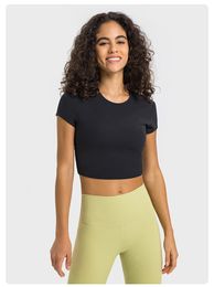 Women Yoga Outfit Knitted Short Sleeve Moisture Wicking CropTop Breathable Seamless Short Top Summer LL8973