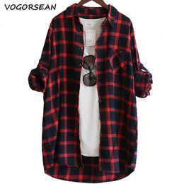 Women's Blouses Shirts Women Blouse Shirt Loose Casual Plaid Shirts Long Sleeve Large Size Tops Womens Blouses Red Green 230313