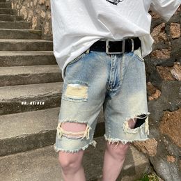 Men s Shorts Summer Hole Jeans Ripped Denim Pants Fashion Black Blue Short Streetwear Straight 230313