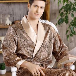 Men's Robes Men's Robe Nightgown Satin Kimono Bathrobe Gown Casual Sleepwear Plus Size Print Gold Home Dressing Gown 3XL 4XL 5XL 230313