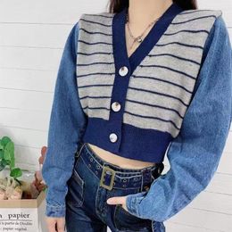 Women's Knits Contrast Striped Knit Women Sweater Spliced Denim Cardigan 2023 Spring Autumn Korean Version Short Jacket Coat