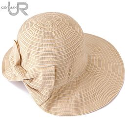 Wide Brim Hats Women Sun Bow Striped Design Foldable Sunshade Anti-UV Summer Hat Big Beach Female Outdoor Fashion Cotton