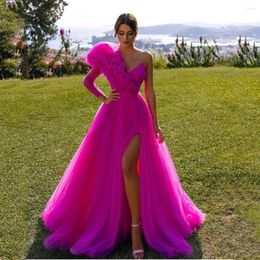 Party Dresses Pretty Fuchsia Tulle Prom One Shoulder Long Sleeve Handmade Ruffles High Split Women Evening Pageant Gowns