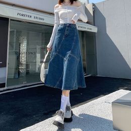 Skirts Vintage Women Denim Trumpet Skirt Streetwear Casual Irregular Patchwork A Line High Waist Ladies Mermaid Jean plaid Skirt 230313