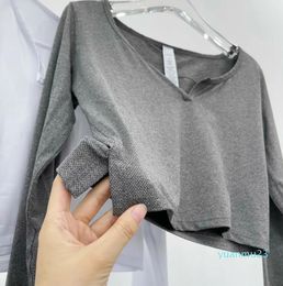 lu yoga 2022 autumn women's sweatshirt short style crop long sleeve leggings V-neck slim Yoga thin T-shirt 446