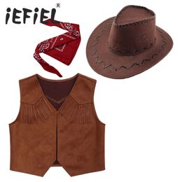 Waistcoat Kids Boys Western Cowboy Costume Vest with Bandanna and Felt Drawstring Hat for Halloween Carnival Cosplay Themed Party Dress Up 230313