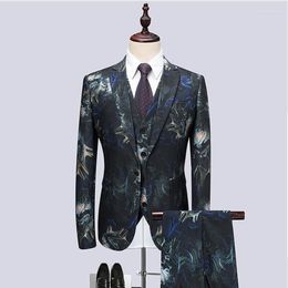 Men's Suits (Jacket Vest Pants) 2023 Flower Colour Men Fashion Party Dresses Men's Slim Fit Business Wedding Suit Full Size M-6XL