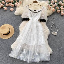 Casual Dresses ZCWXM Summer Lolita Long Dress Women Vintage Butterfly Mesh Square Collar Short Sleeve High Waist A-Line Elegant Vestidos
