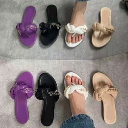 NEW Designer cnel womens Slippers shoes 22SS Lambskin Chain embellished Interlocking Slide Sandals Black Beige White Dark Purple luxury women Casual Beach shoe