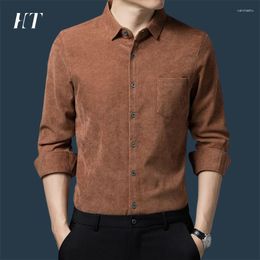 Men's Casual Shirts Vintage Corduroy Men Long Sleeve Shirt Slim Fit Solid Colour Business Work Camisa Masculina Clothing