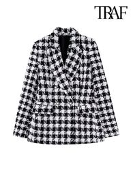Women's Suits Blazers TRAF Women Fashion Houndstooth Chequered Tweed Blazer Coat Vintage Long Sleeve Flap Pockets Female Outerwear Chic Veste 230311
