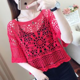 Women's Blouses Women Blouse Sexy Crocheted Short-Sleeved Lace Shirt Loose Top For Blusas Ropa De Mujer