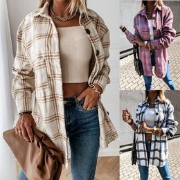 Women's Blouses Shirts Women Blouses Autumn And Winter Loose Casual Retro Tops All-Match Plaid Long-Sleeved Shirt Jacket 3 Colours Chic 230313