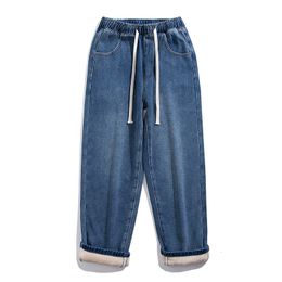 Men's Jeans Winter Men Warm Baggy Jeans Streetwear Korean Fashion Denim Wide Leg Pants Fleece Thick Casual Trousers Male Brand Blue 230313