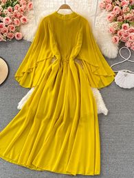 Casual Dresses Bohemian Autumn Red Draped Long Dress Women Round Neck Flying Sleeve Boho High Waist Elegant Vacation Beach Robe