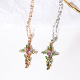 Pendant Necklaces ZZYOUP Rose Gold Colour Leaves Cross Necklace For Women 2023 Fashion Copper Party Birthday Office Jewelry&Accessories