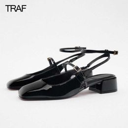 Sandal Traf Mary Jane Heels Women Pumps Chunky Strappy Black Square Toe High Heels Lolita Slingback Cute Shoes 230302