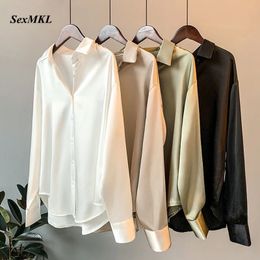 Women's Blouses Shirts Women Long Sleeve Blouses Plus Size Fashion Loose Sexy White Camisas Mujer Elegant Korean Clothes Chiffon Silk Shirt Blusas 230313