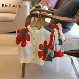 Waistcoat RiniLucia Autumn Toddler Baby Girl Knitted Vest Coat Kids Flowers Ruffle Fashion Girls Outwear Sleevveless Cardigan 230313