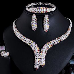 Wedding Jewellery Sets CWWZircons 4pcs Colourful CZ Chunky Big Leaf Necklace White Gold Plated Naija Dubai Bride Set for Pageant T657 230313