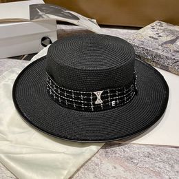 Plaid Ribbon Wide Brim Hats with Black Edge Women Letter Geometry Pattern Straw Hats Female Flat Top Beach Sun Shade Hats