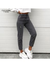 Womens Jeans Tight Elastic Feet Pants Nine Distressed Autumn Winter Vintage High Waist Denim Trousers Gray 230313