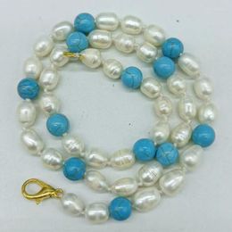 Chains Delicate White 7-8mm Freshwater Cultured Rice Pearl &8mm Blue Turquoise Round Bead Necklace 18 Inch Fashion Ladies Jewelry