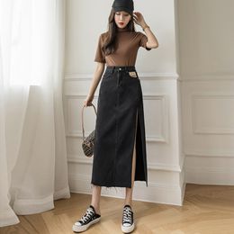Skirts Black Long Maxi Denim Skirt for Women's Y2k Korean Fashion Female Loose Sexy Side Slit Open Legs Skirts Jeans Retro Bag Hip 230313