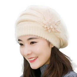 Beanies Beanie/Skull Caps Solid Colour Hat With Flowers Fashion Womens Flower Knit Crochet Beanie Winter Warm Cap Beret Gorro Invierno Hombre