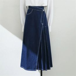 Skirts Vintage 5xl Blue Denim Skirt Women Korean Irregular Long Jeans Skirt Korean High Waist A Line Pleated Skirts Long For Female 230313