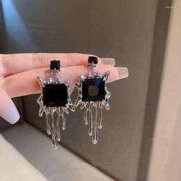 Stud Earrings Silver Needle Black Rhinestone Gradient Water Drop Square Zircon Crystal Metal Lava For Women Girl Jewellery Gifts