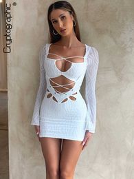 Party Dresses Cryptographic Textured Sexy Lace Up Bandage Mini Dress Outfit for Women Long Sleeve Bodycon Dresses Streetwear Spring Clothes L230313