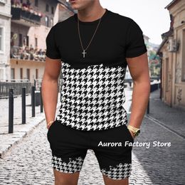 Men's T-Shirts Summer Men's Plaid Stripes Tracksuit Solid Colour T-Shirt Shorts Set Vintage Suit Male Fashion Outfit Clothing Casual Streetwear 230311