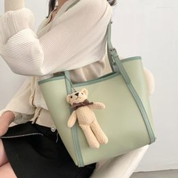 Evening Bags Large Capacity Casual Ladies Shoulder Bag Bear Decoration Simple Solid Color Bucket Trending Multifunction Composite Sac