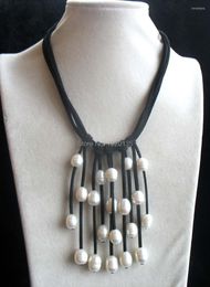 Chains 5rows Freshwater Pearl Necklace White Egg 18inch And Black Leather Wholesale FPPJ