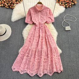 Casual Dresses Summer Pink Woman Elegant Short Sleeve Party Night Robe Hollow Out A-Line Office Lady French Green/Yellow/White Dress