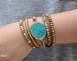 Charm Bracelets Arrival 4Unik Ocean Blue Stone Bracelet Boho 5X Leather Friendship Wrap Jewelry Bohemian Gold