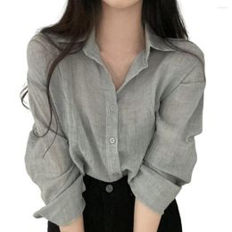 Women's Blouses Lapel Long Sleeves Buttons Placket Women Shirt Spring Solid Color Pleated Top