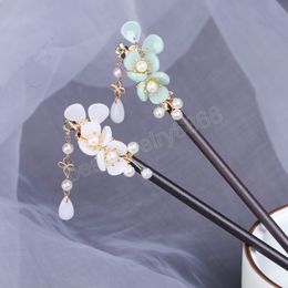 Flower Hair Forks Retro Long Tassels Hairpins Clips Wooden Hair Sticks Pearls Bead Step Shake Chinese Wedding Bride Hair Jewelry
